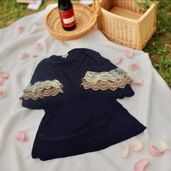 Off Shoulder Navy Blue Minidress Crochet Bell Sleeves School Shower - Picture 2 of 7